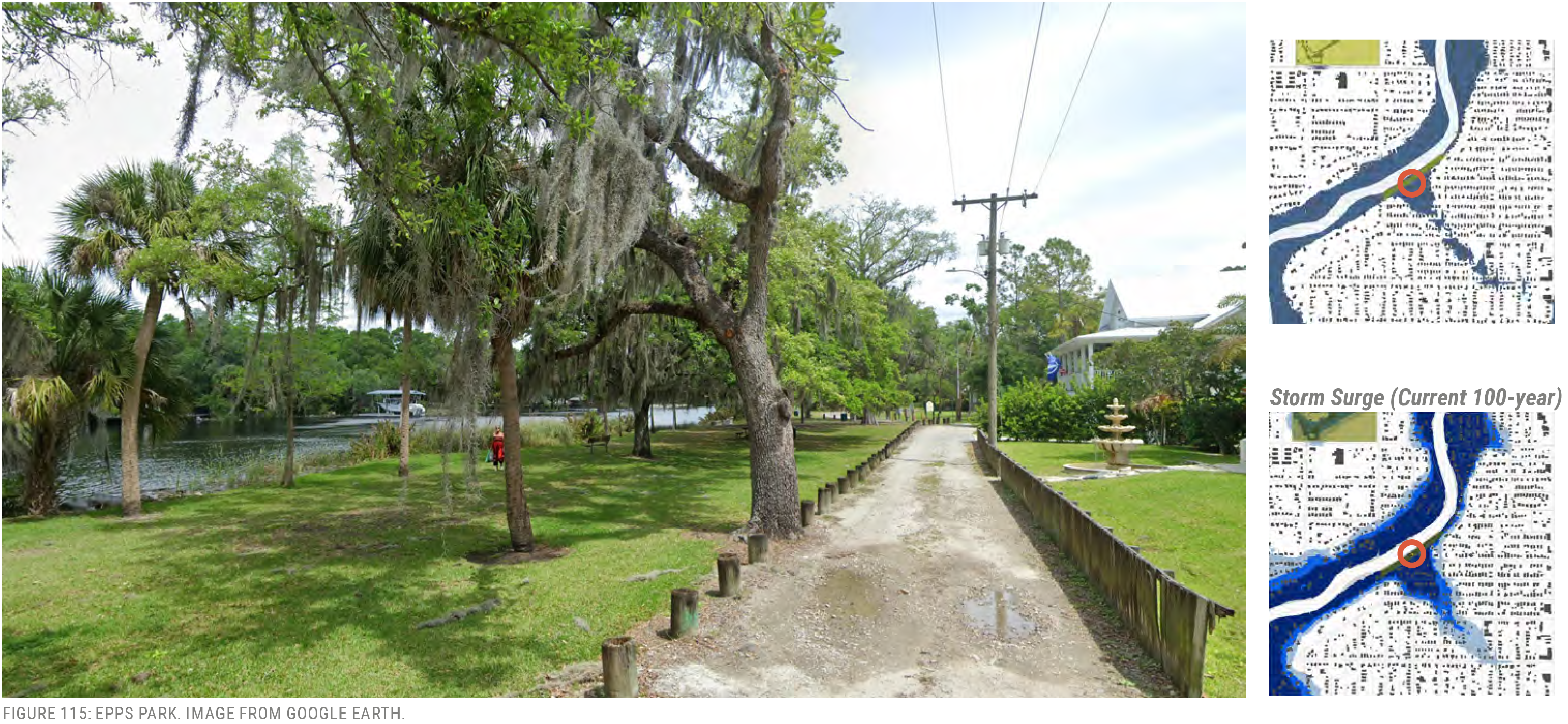 Scenic view of Epps Park with tree-lined pathway, alongside maps of storm surge and current projection from Google Earth.