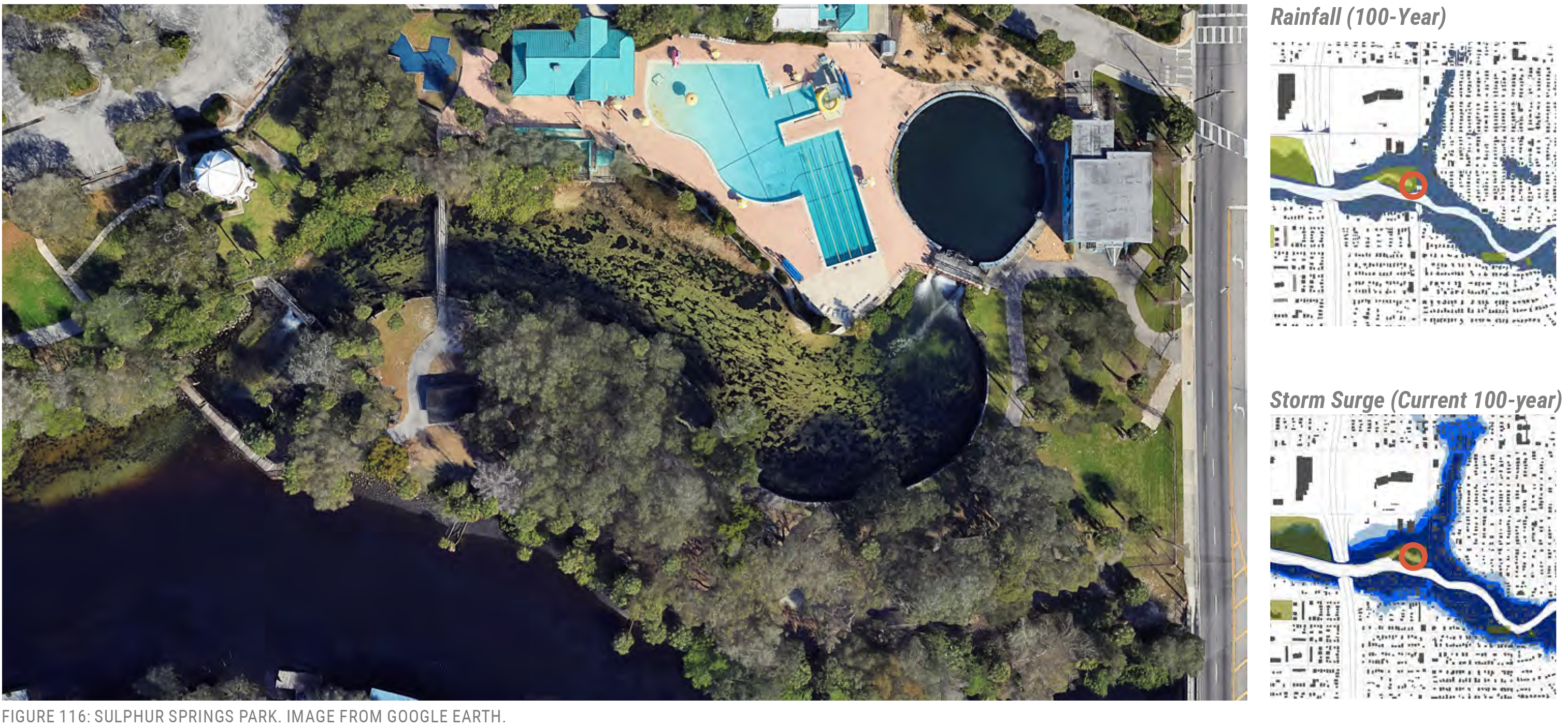 Aerial view of Sulphur Springs Park showing a pool area and surrounding greenery, alongside rainfall and storm surge maps.