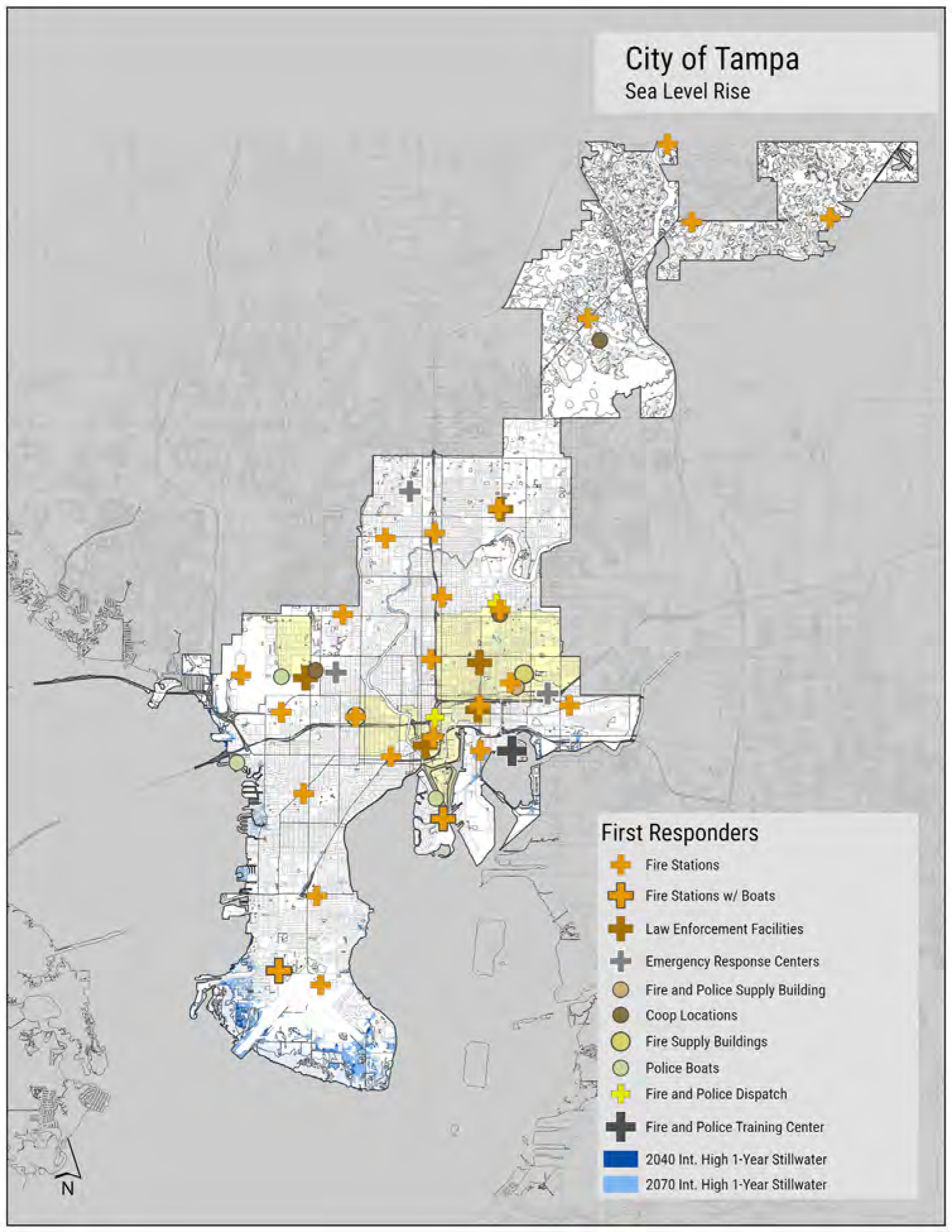 Map of Tampa showing fire stations, police facilities, emergency response centers, and sea level rise projections.