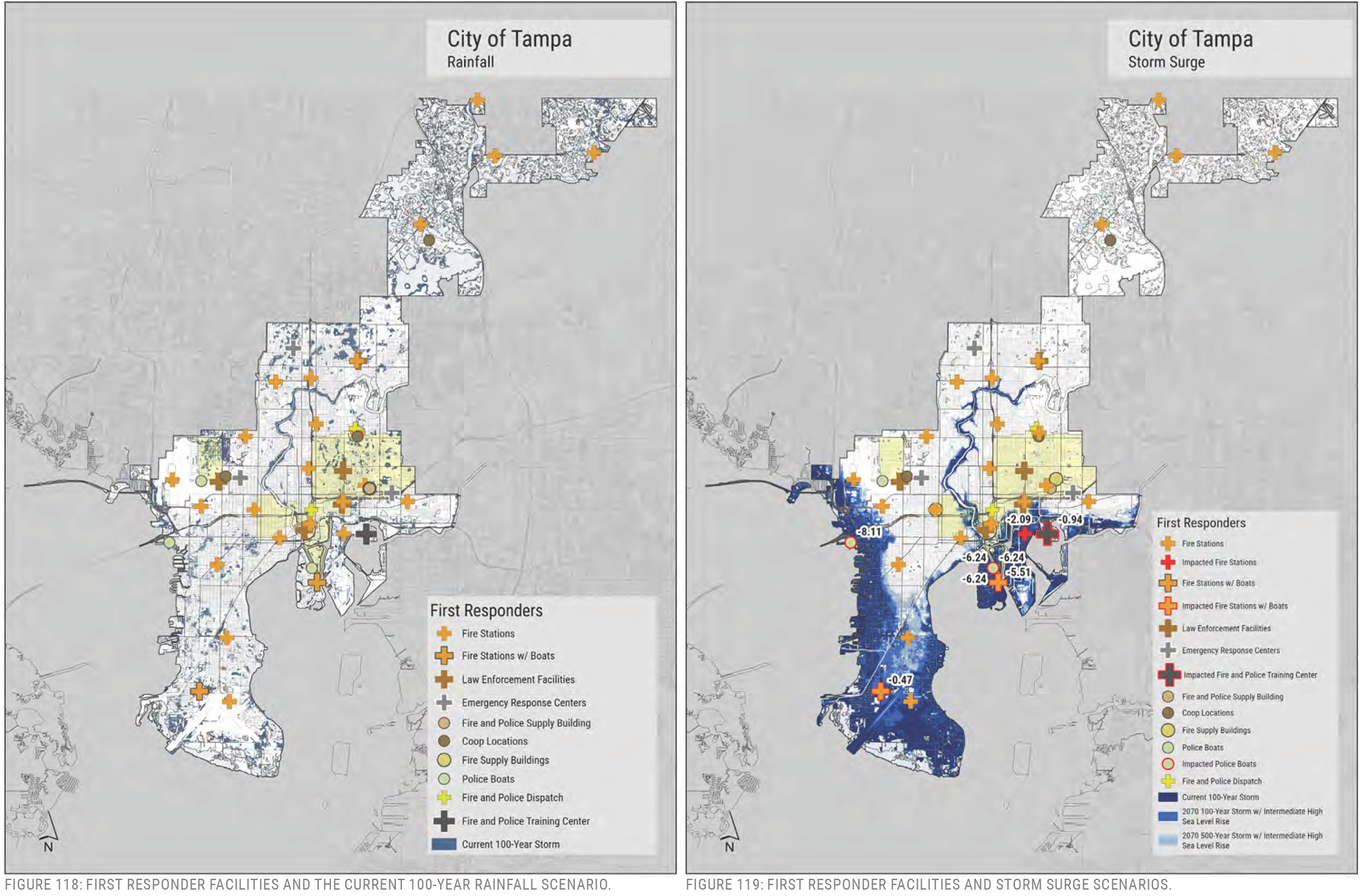 Map of Tampa showing first responder facilities with rainfall and storm surge scenarios. Indicates areas of concern with color coding.