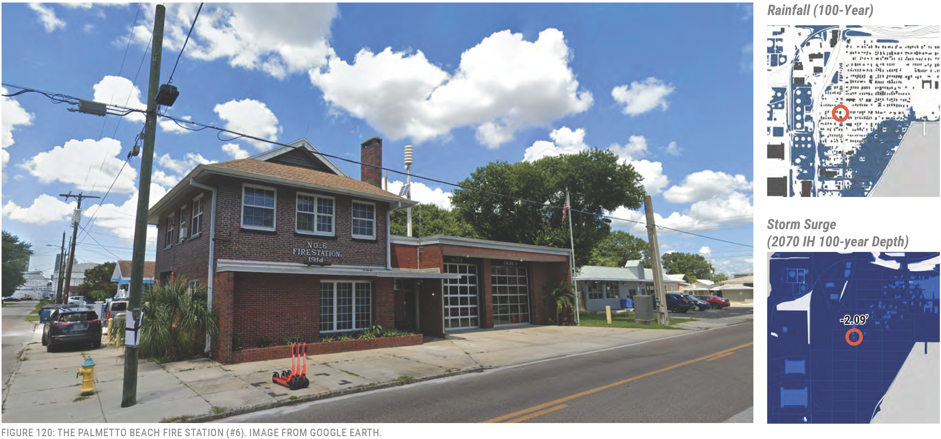 Palmetto Beach Fire Station building with clouds, alongside maps of rainfall and storm surge depths.