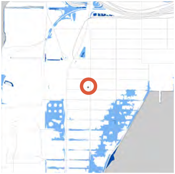 Map showing an area highlighted in blue with a red pinpoint marking a specific location.