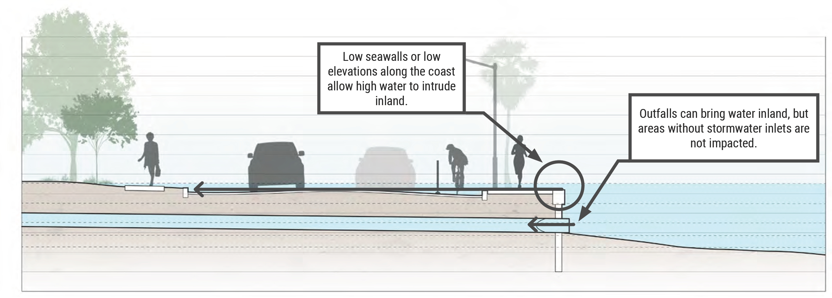 Diagram illustrating coastal water intrusion, low elevations, and stormwater outfall effects on inland areas.