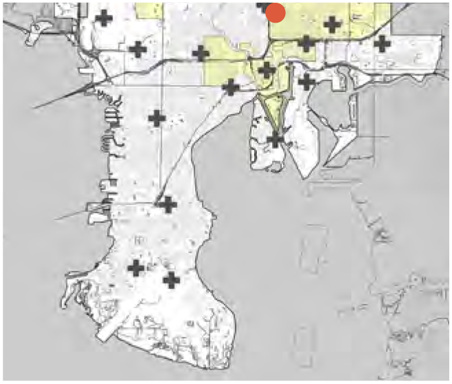 Map showing a geographical area with highlighted regions and various symbols, indicating features or locations.
