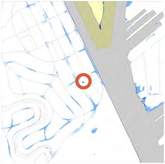 Map showing roads and waterways with a highlighted location marker in the center.