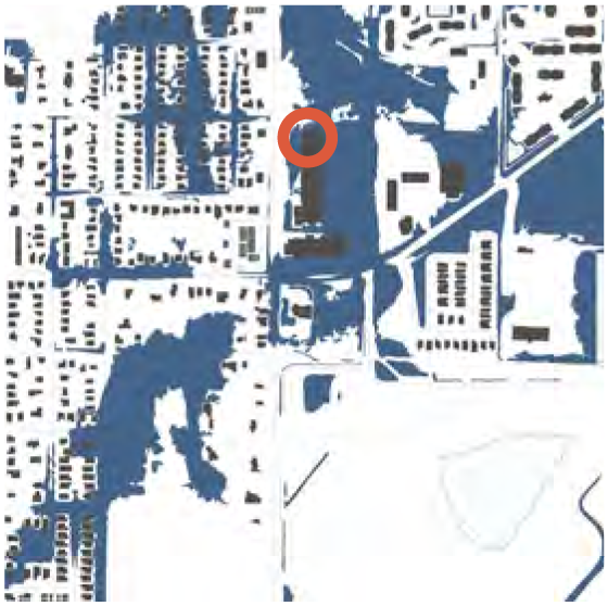 Map showing urban layout with highlighted location circled in orange.
