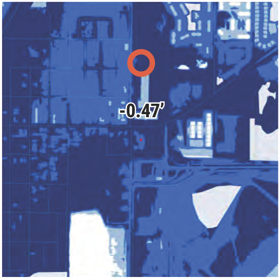 Map showing a location marked with a red dot and an orange circle, with a reading of -0.47' at the center.