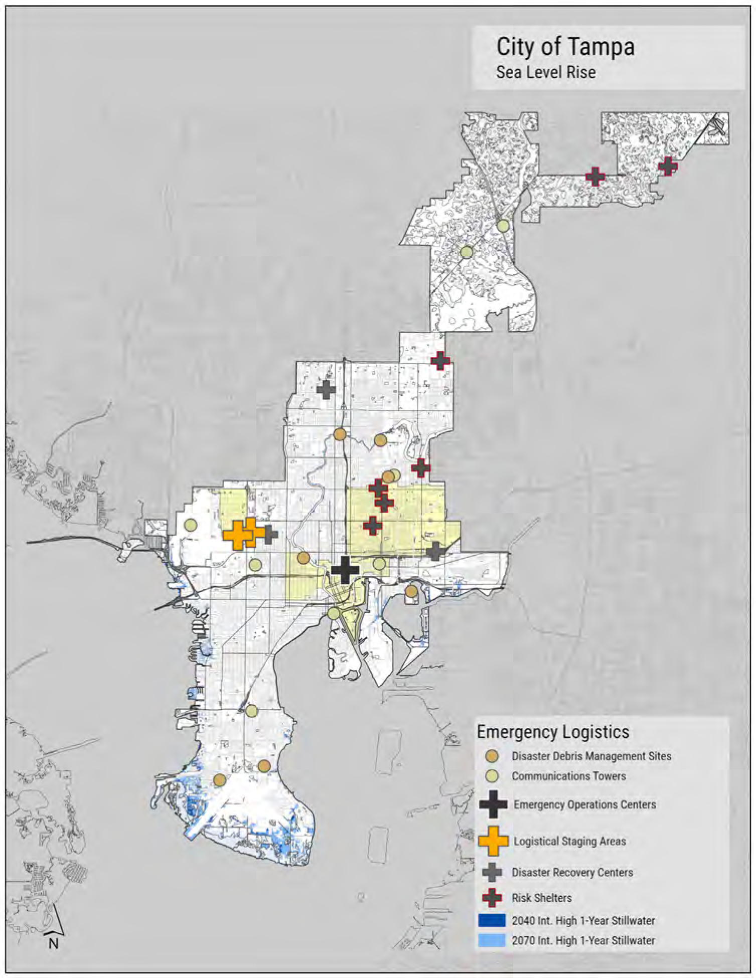 Map of Tampa showing sea level rise impacts, emergency logistics sites, disaster recovery centers, and risk shelters.