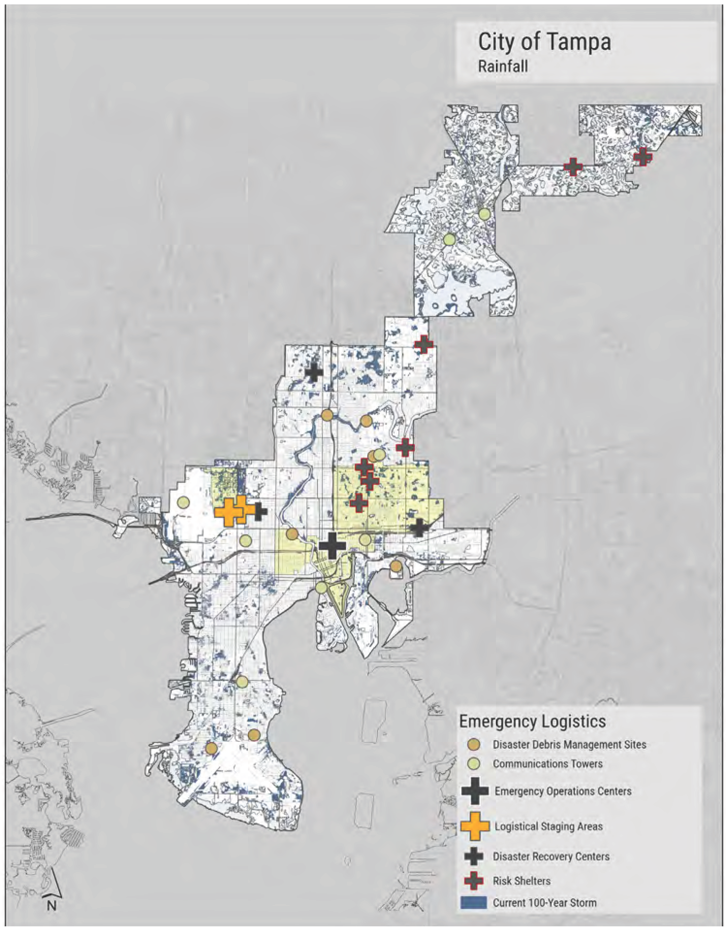 Map of Tampa showing rainfall and emergency logistics including management sites, operations centers, shelters, and recovery areas.