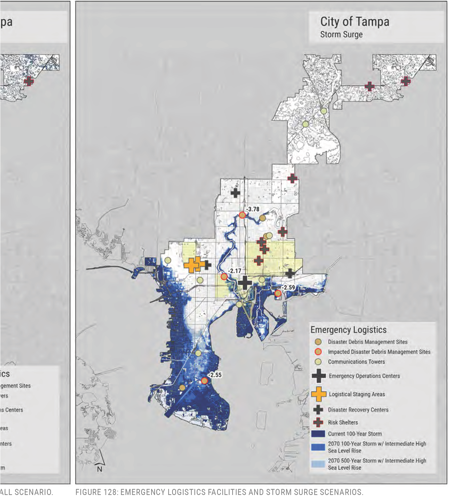 Map of Tampa showing emergency logistics facilities, storm surge zones, and logistical staging areas.