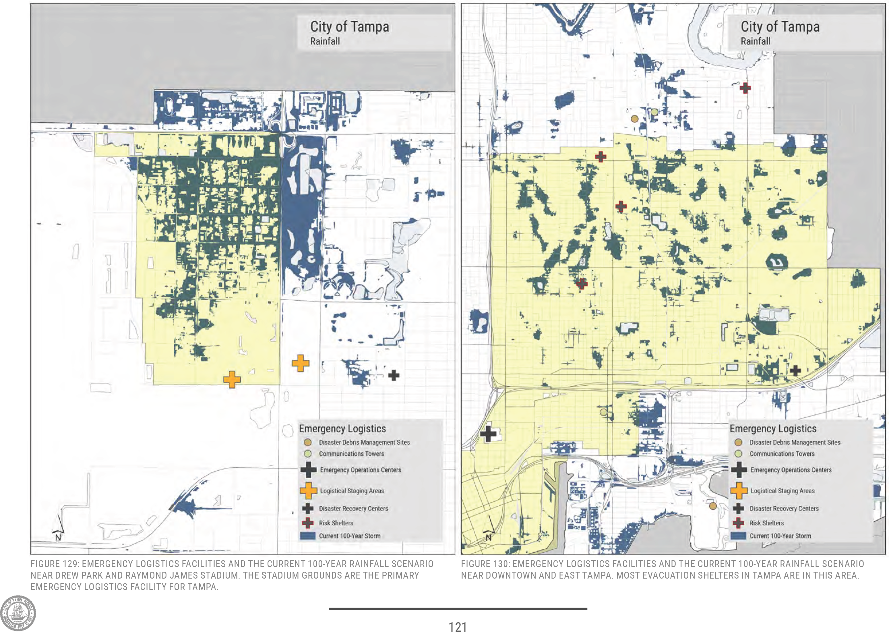 Map showing emergency logistics facilities and rainfall scenario in Tampa, highlighting different areas for potential shelters and logistics resources.