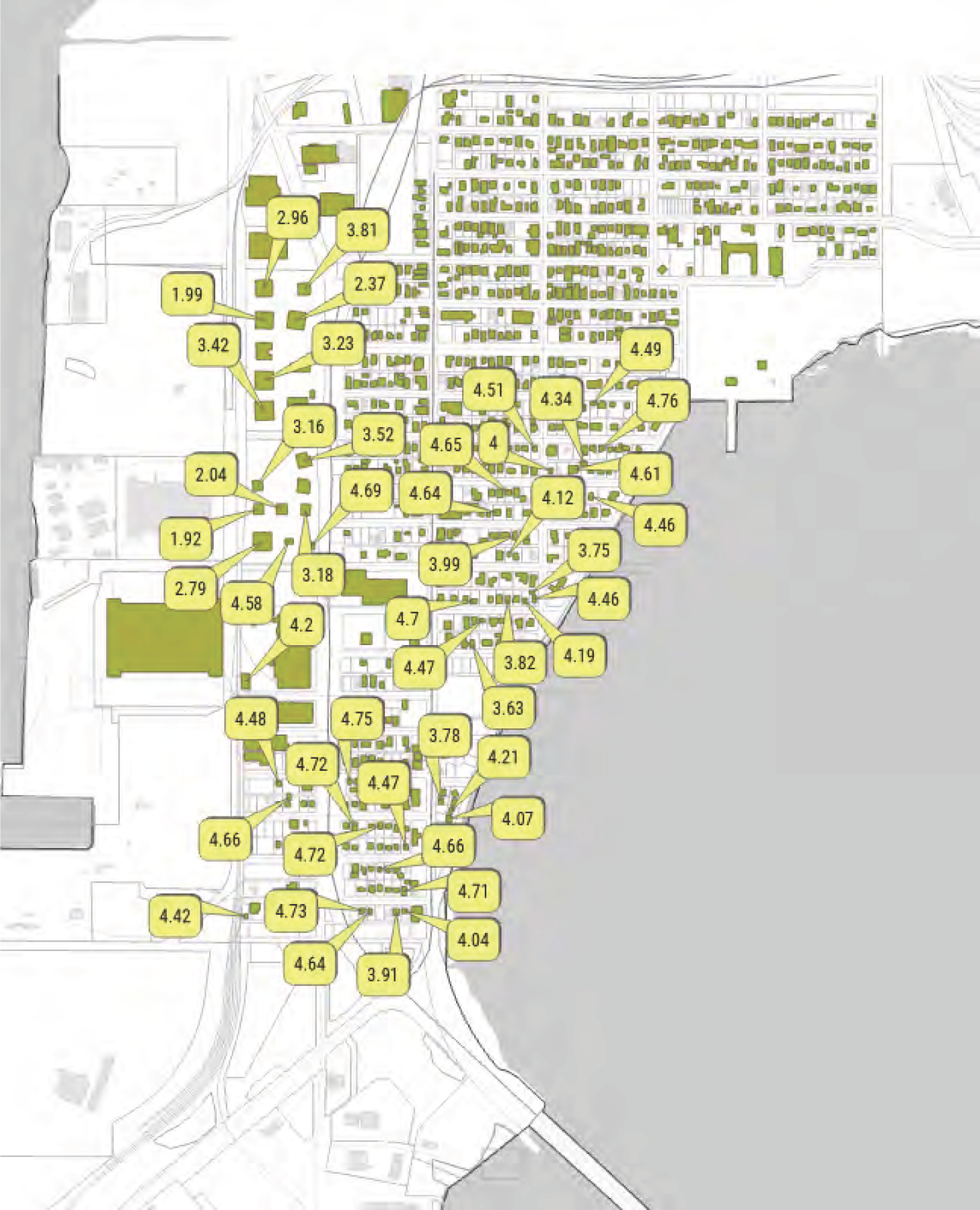 Map depicting various numeric values at specific locations, with a coastal area and grid-like layout of buildings.