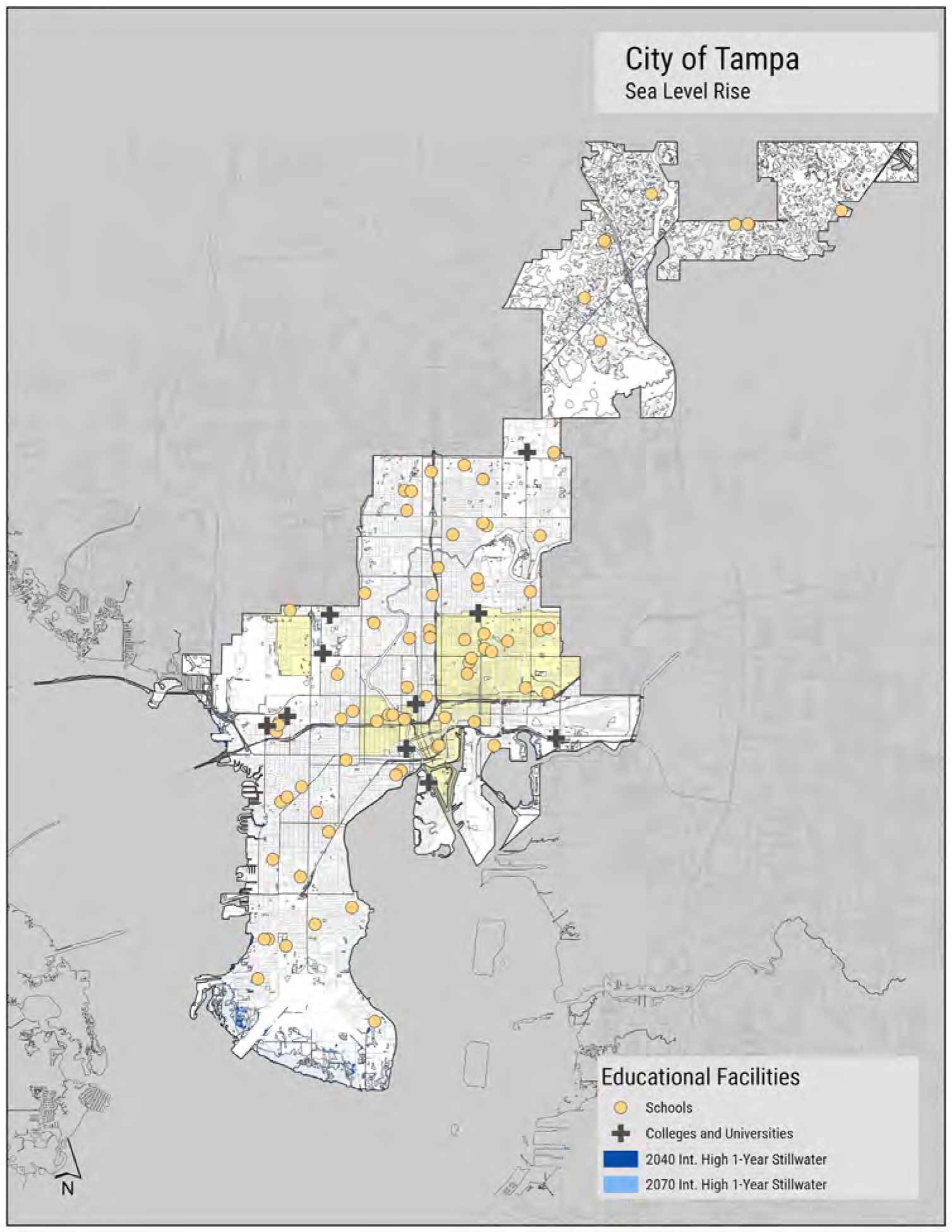 Map of Tampa showing educational facilities and projections for sea level rise by 2040 and 2070.