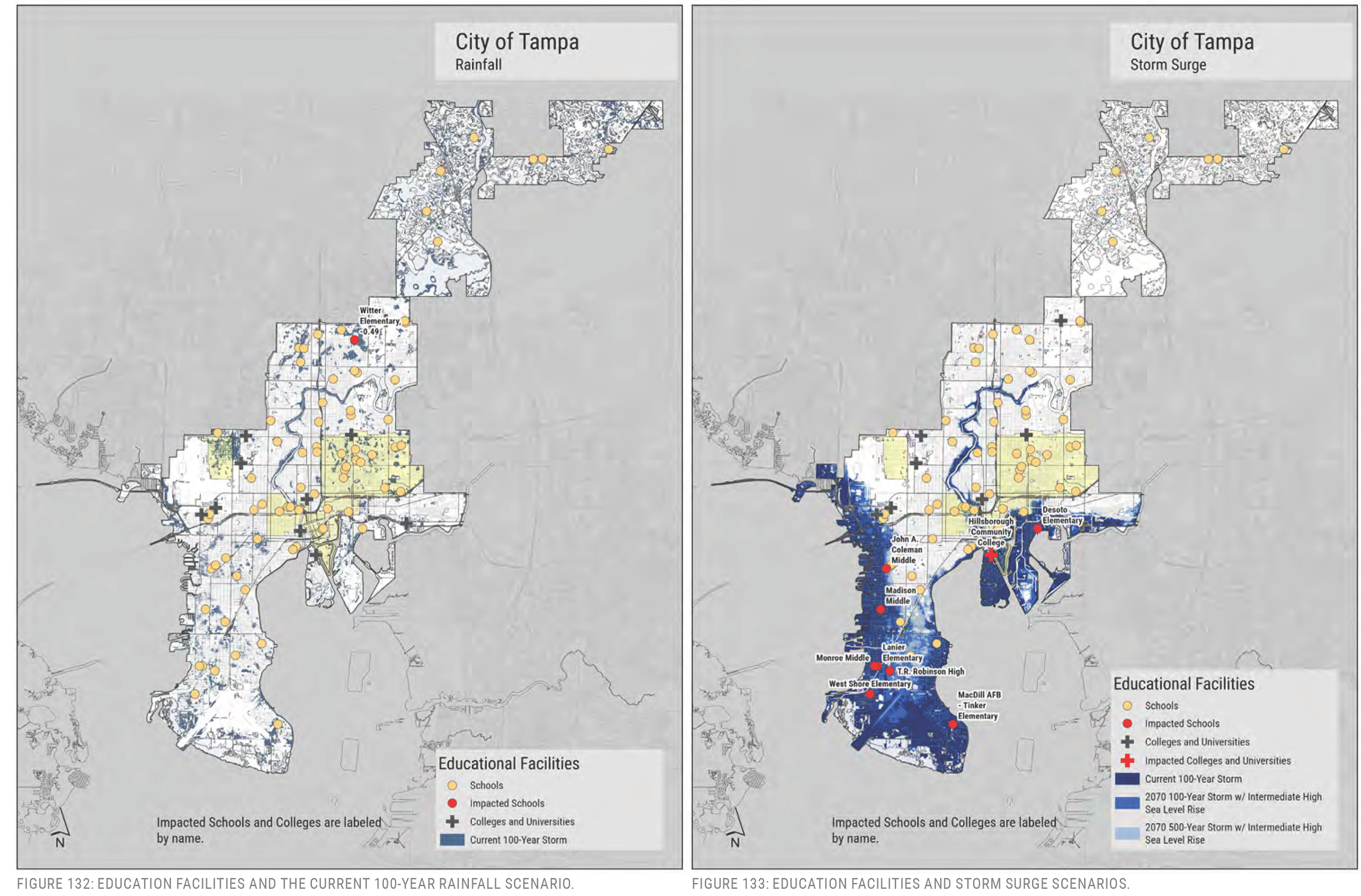 Map comparing educational facilities in Tampa under rainfall and storm surge scenarios, highlighting areas impacted by flooding.