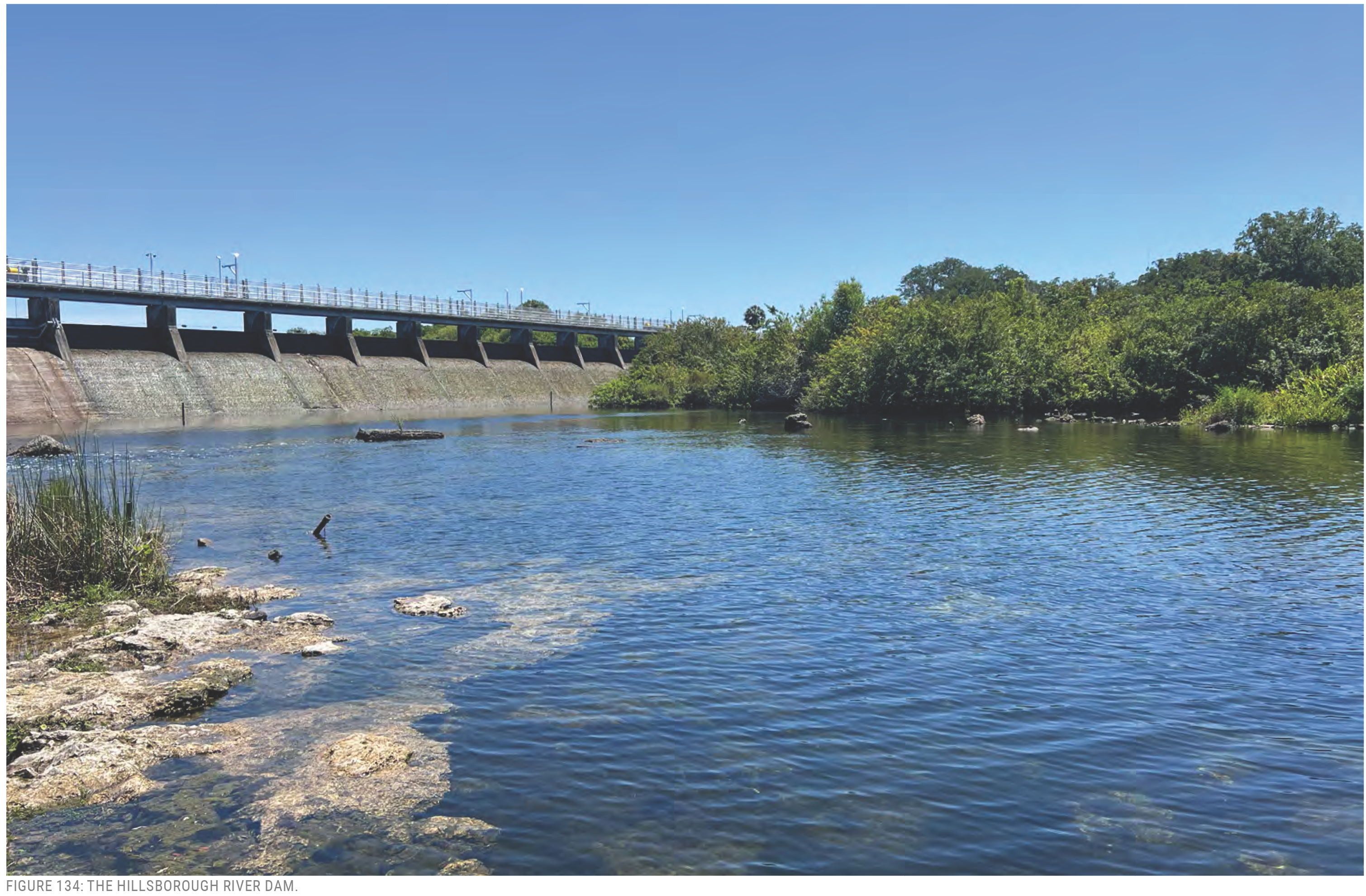 View of the Hillsborough River Dam with calm water, rocks, and greenery along the riverbank under a clear blue sky.