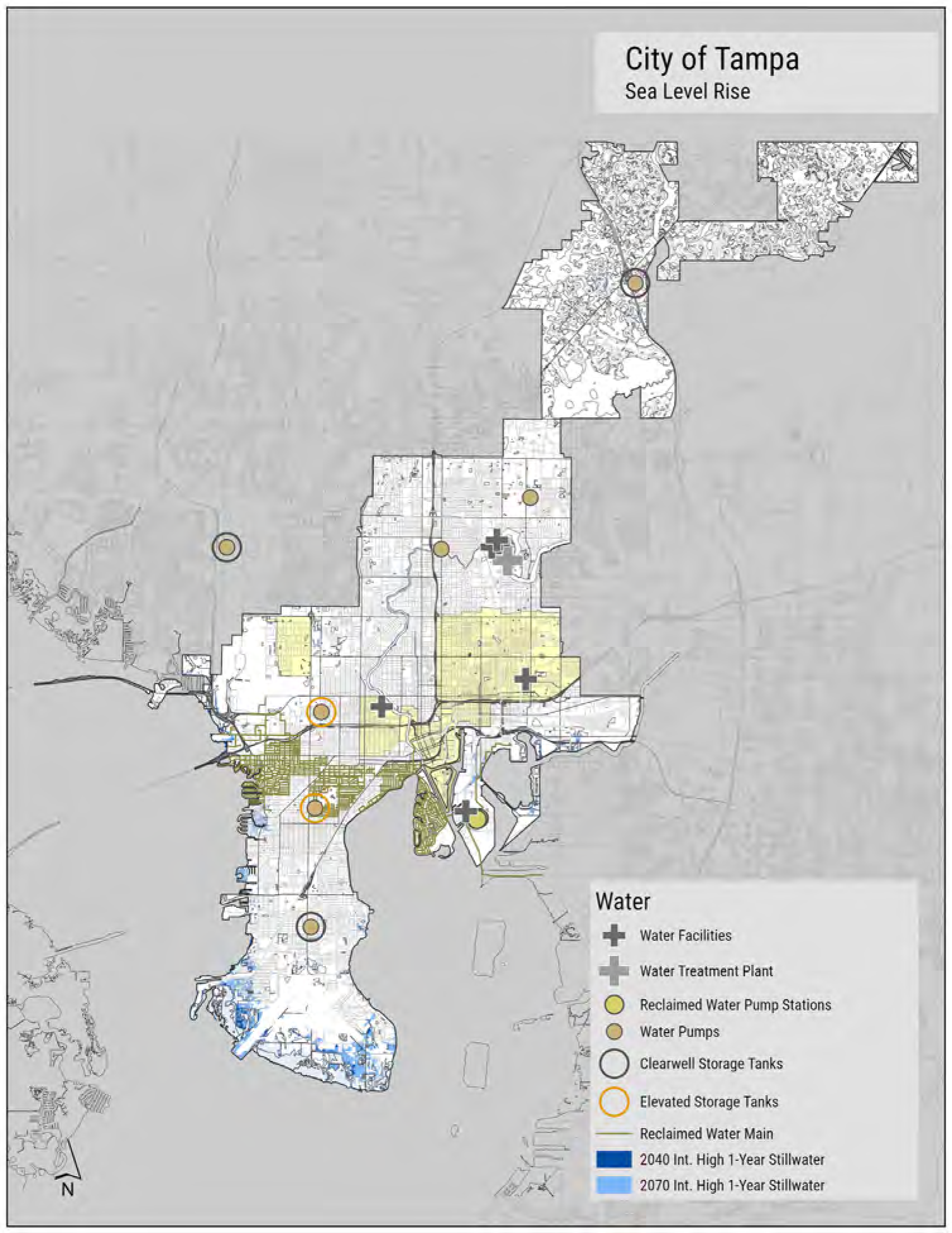 Map of Tampa showing water facilities and sea level rise impact zones, including treatment plants, pump stations, and storage tanks.