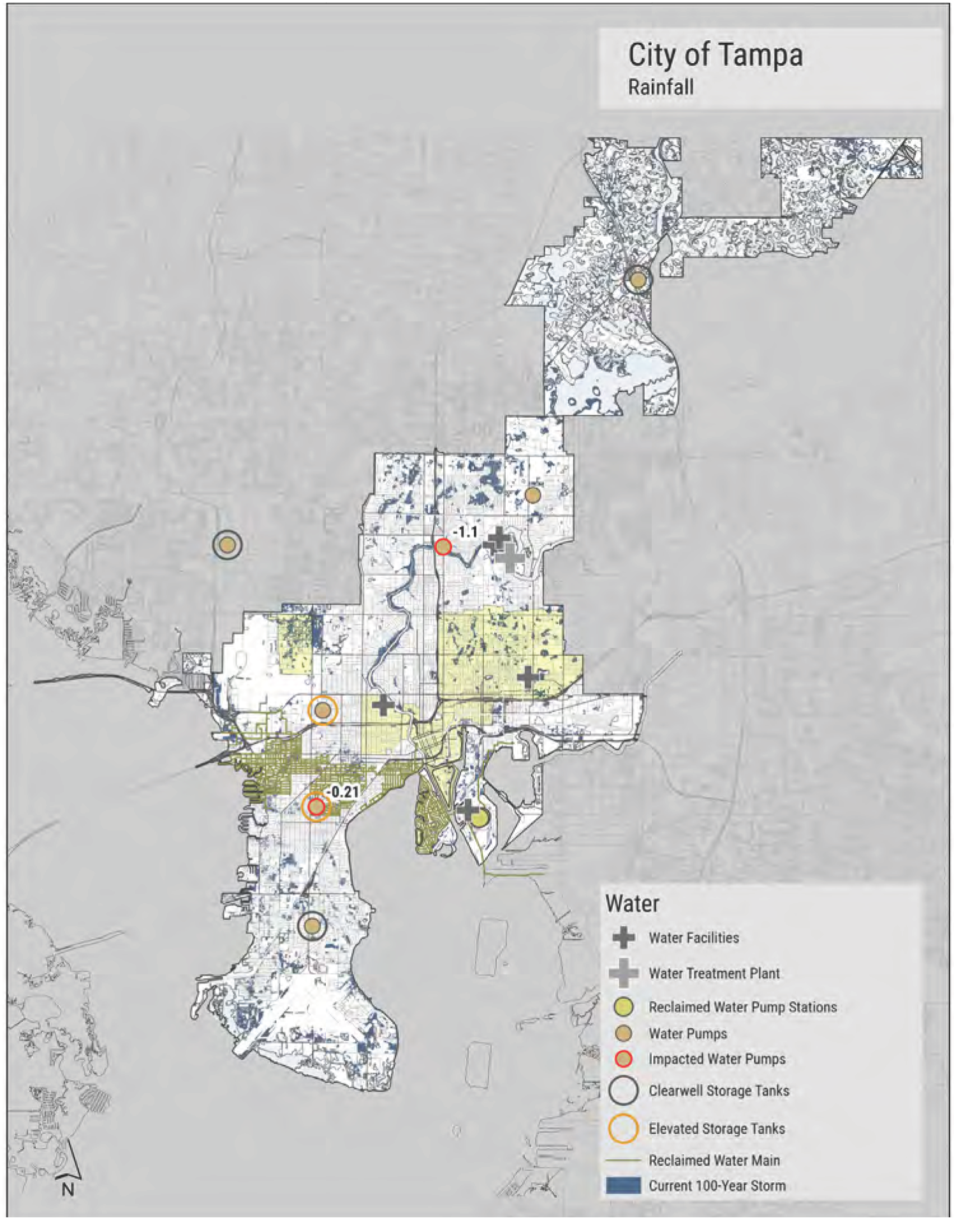 Map of Tampa showing rainfall distribution, water facilities, treatment plants, and impacted water pumps during a current 100-year storm.