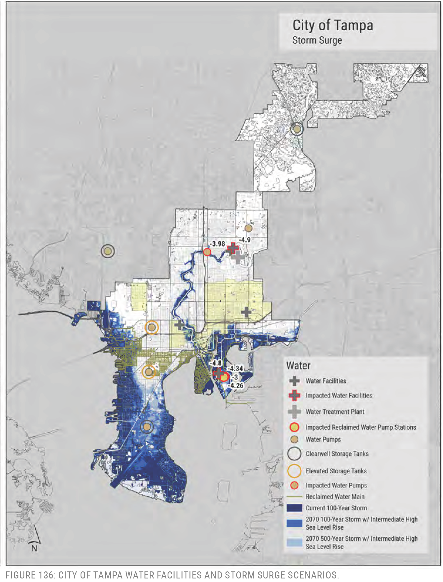 Map of Tampa showing water facilities and storm surge scenarios, including pump stations and storage tanks.