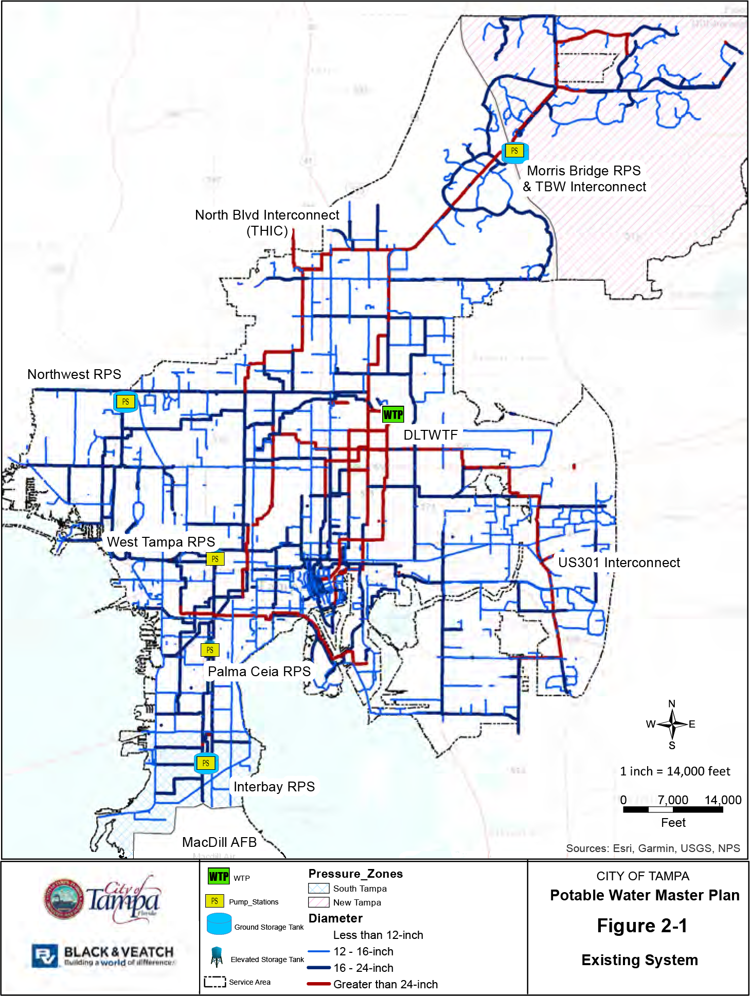 Map of Tampa's potable water system showing existing pipelines and pressure zones, including various interconnections and sizes.