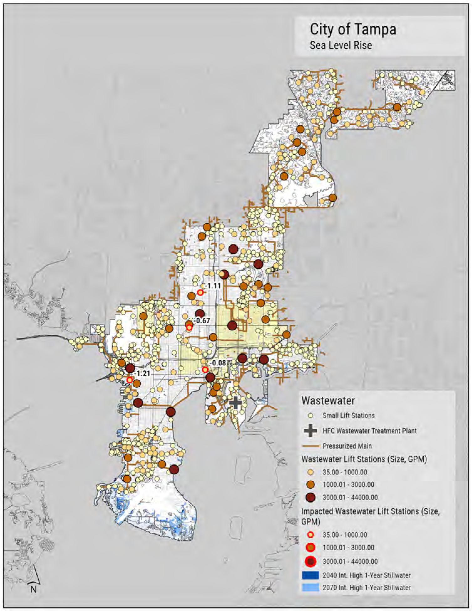 Map of Tampa showing locations of wastewater lift stations and areas affected by sea level rise.