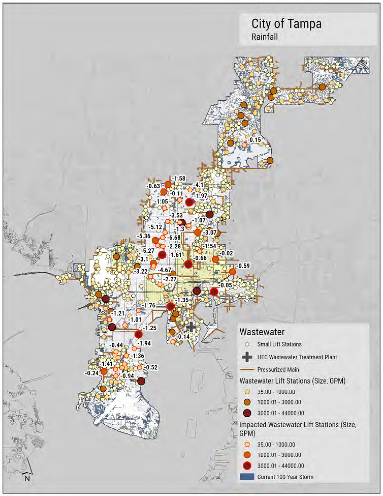 Map of the City of Tampa showing rainfall data, wastewater lift stations, and impacts from a current 100-year storm.