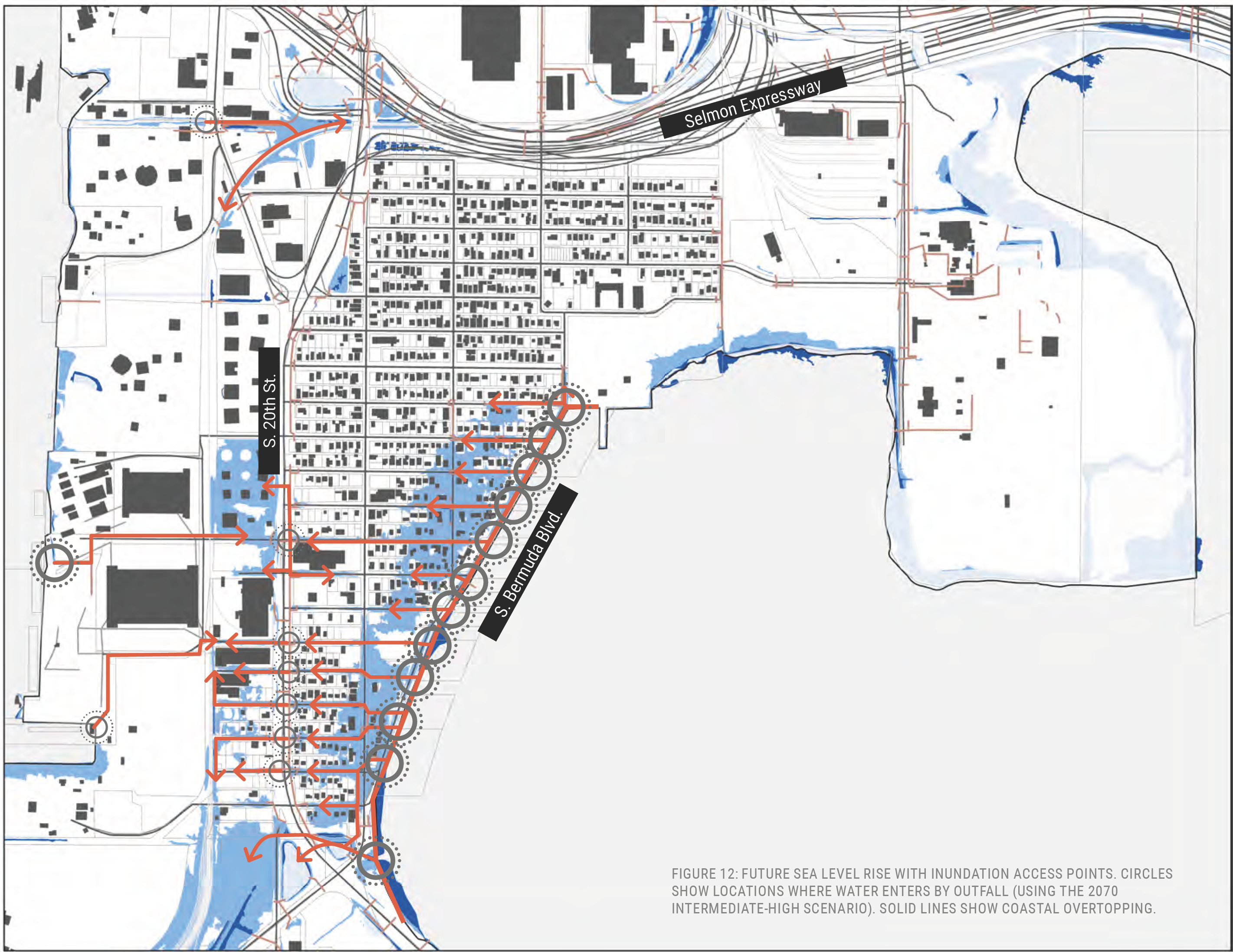 Map showing future sea level rise with inundation access points, highlighting areas vulnerable to flooding as indicated by circles and lines.