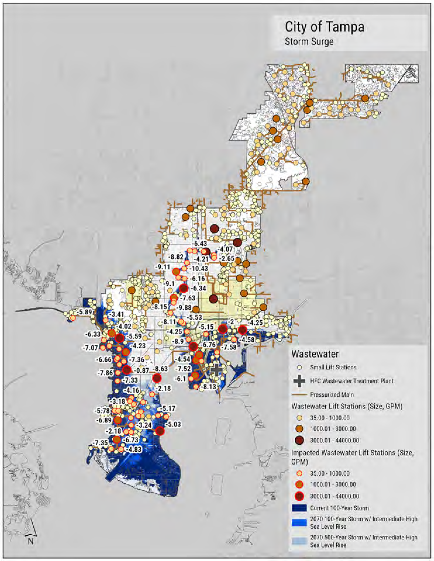 Map of Tampa showing wastewater lift stations and storm surge levels with color-coded areas for different surge heights and station sizes.