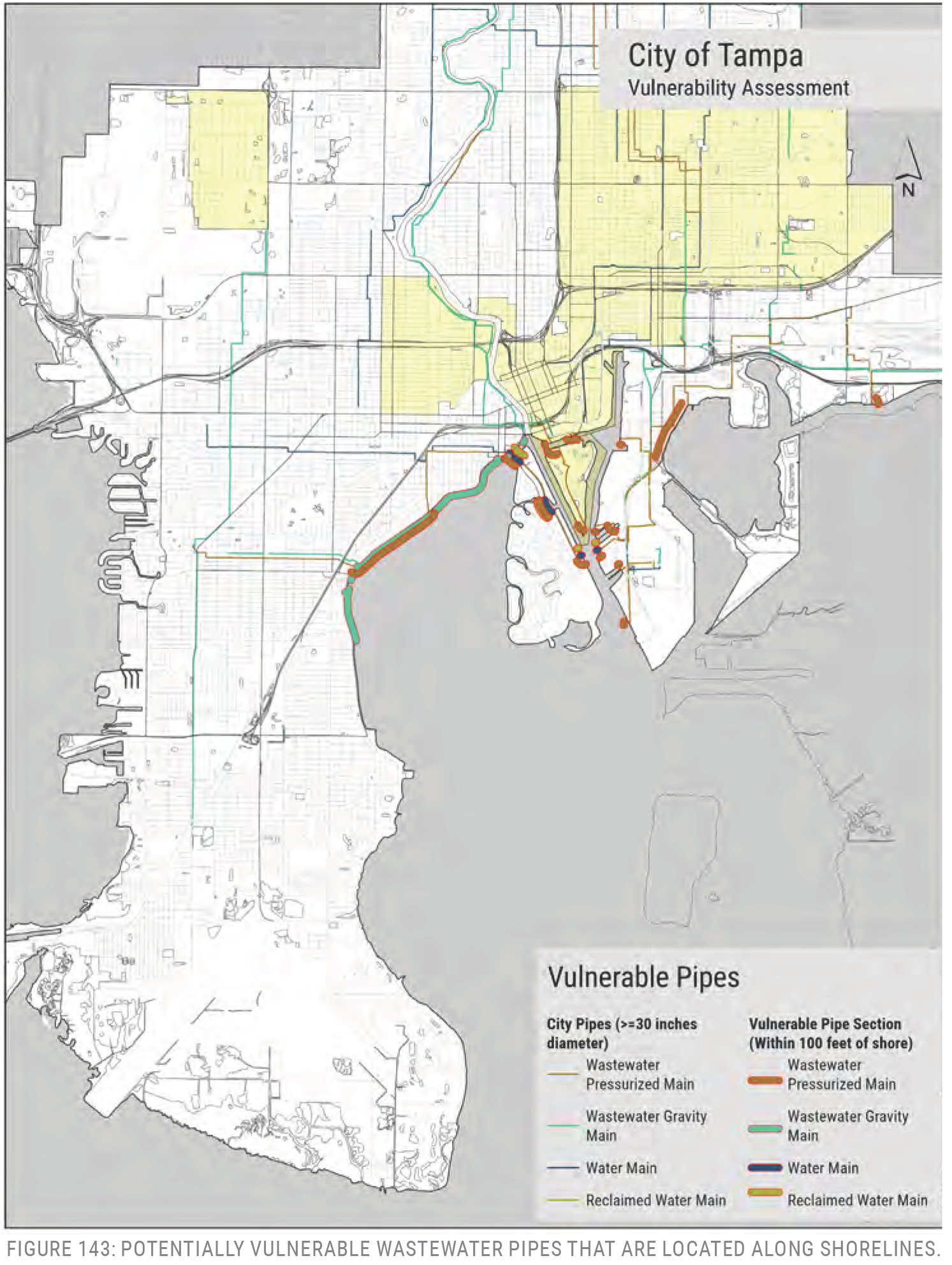 Map of Tampa showing vulnerable wastewater pipes along shorelines with color-coded sections for different pipe types and diameters.