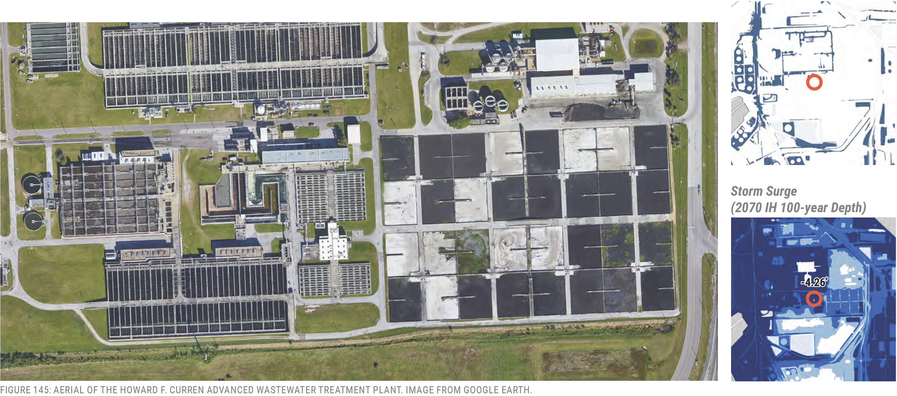 Aerial view of the Howard F. Curren Advanced Wastewater Treatment Plant with a storm surge map inset.