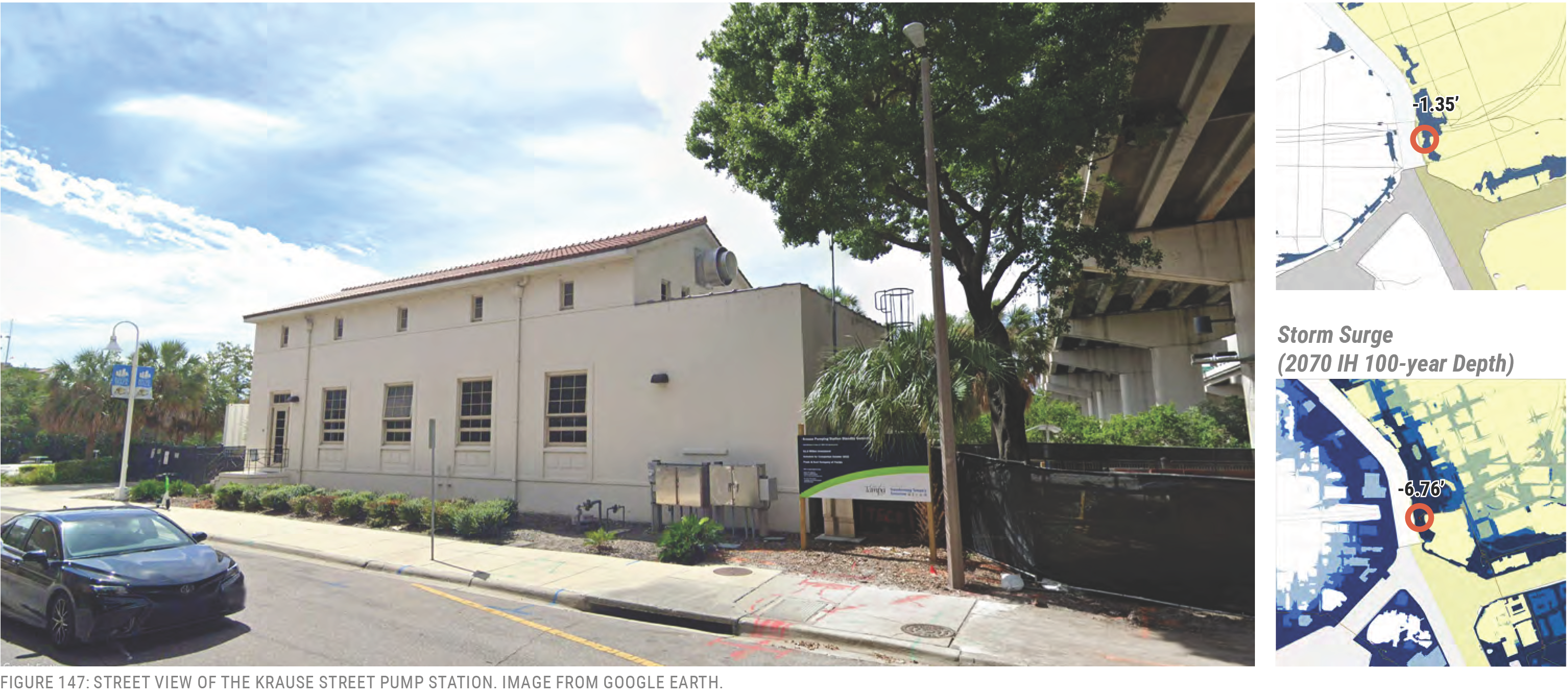 Street view of the Krause Street Pump Station, showcasing the building exterior and surrounding area, with storm surge depth map inset.