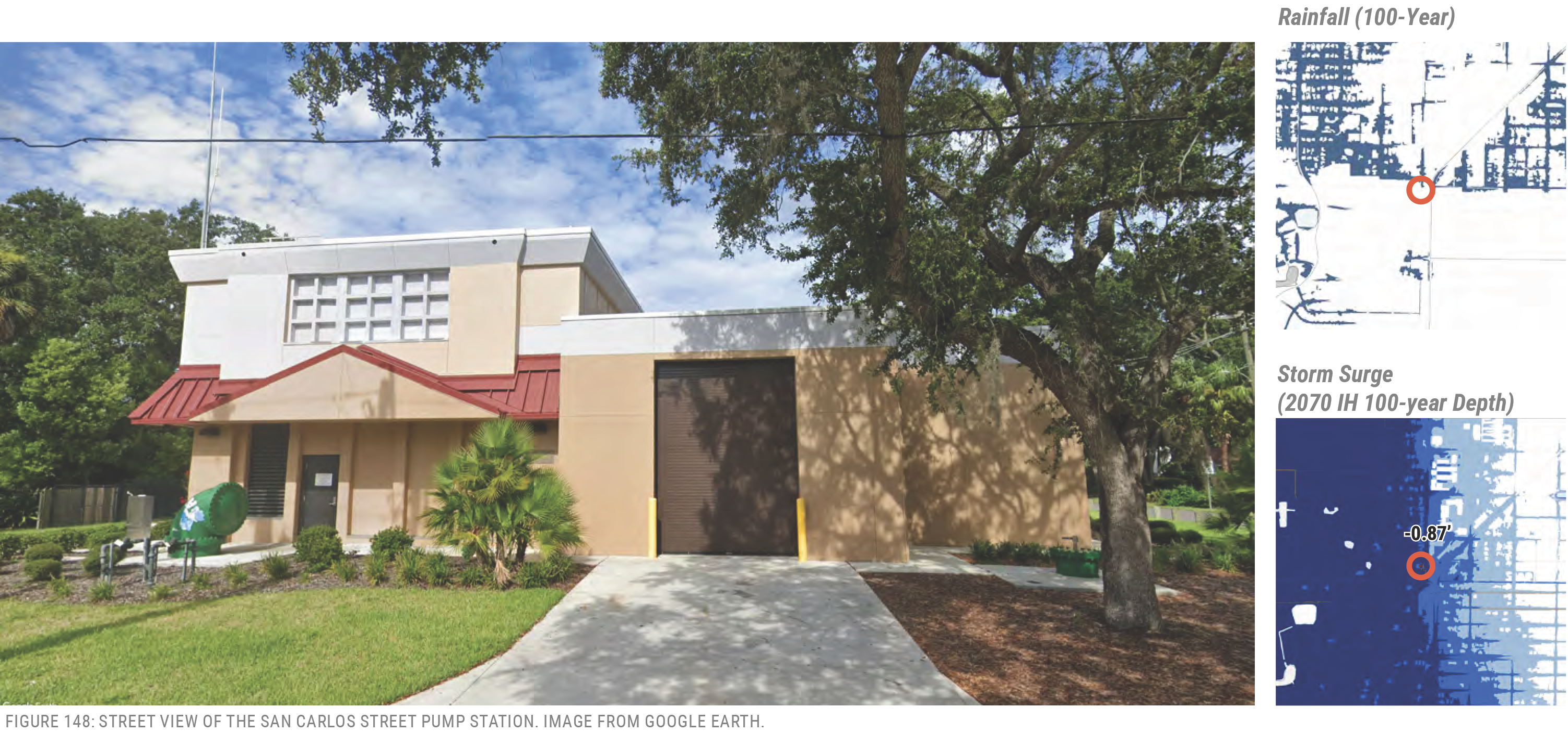 Exterior view of the San Carlos Street Pump Station, with surrounding landscaping and nearby maps showing rainfall and storm surge data.