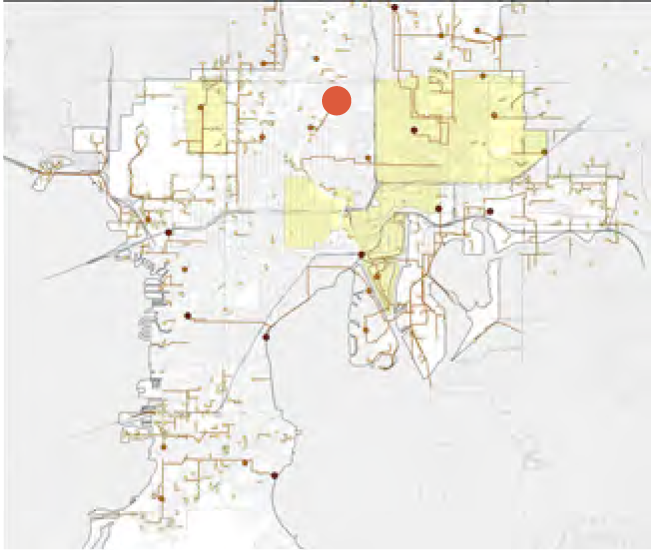 Map highlighting specific areas with yellow, featuring a red dot indicating a notable location.