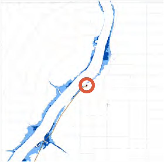 Map showing a river with highlighted area in blue and an orange circle indicating a specific location on the river.