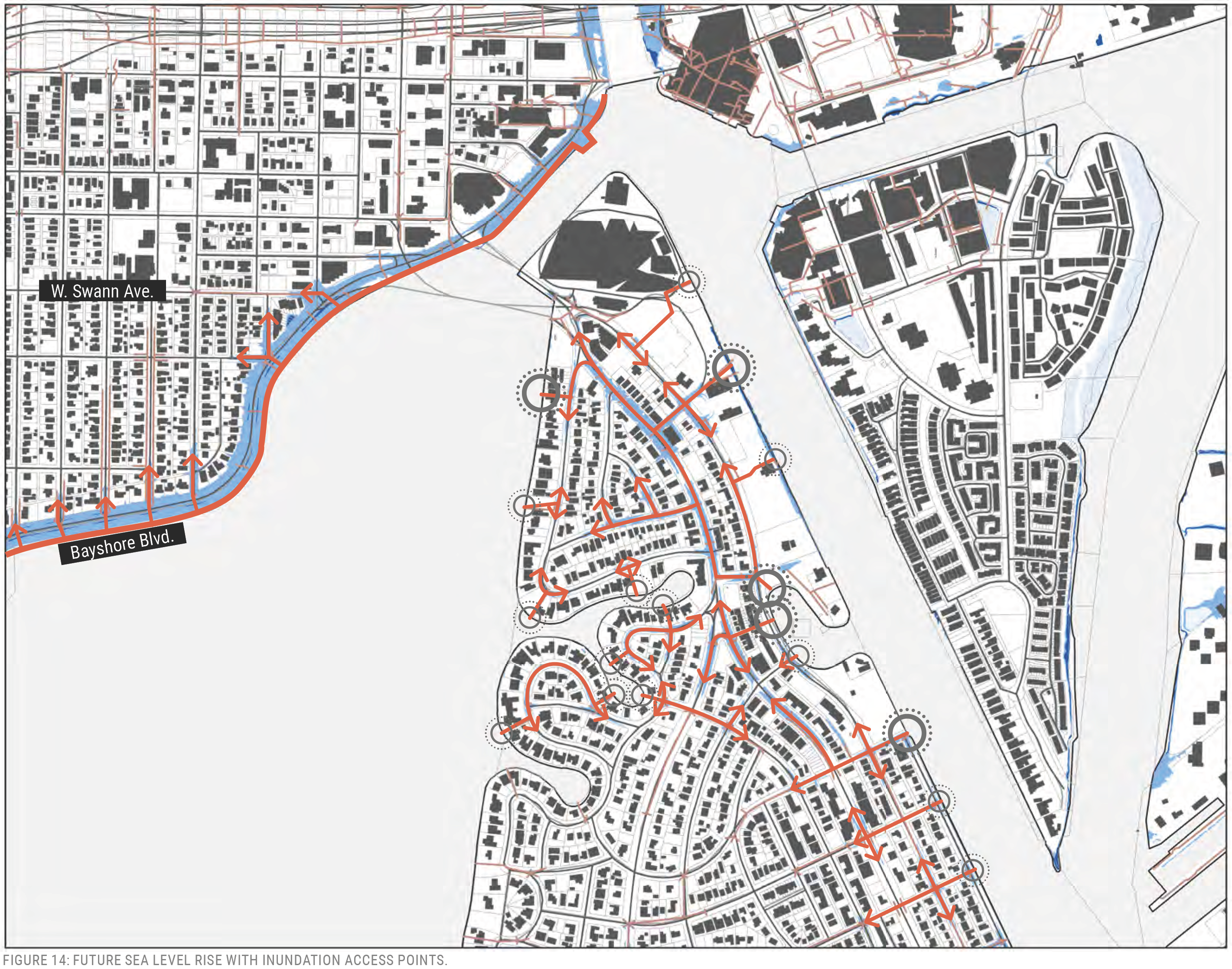 Map showing future sea level rise with inundation access points near W. Swan Ave and Bayshore Blvd.