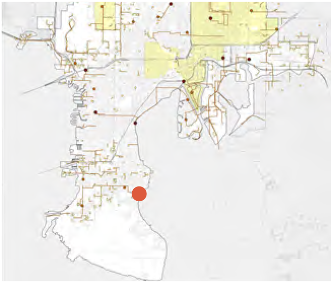 Map showing a grid layout with marked locations, primarily in yellow and red, indicating specific points in a geographic area.