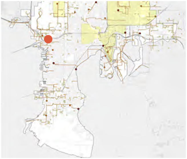 Map overview with marked locations and utility lines, primarily in light colors with a highlighted red dot.