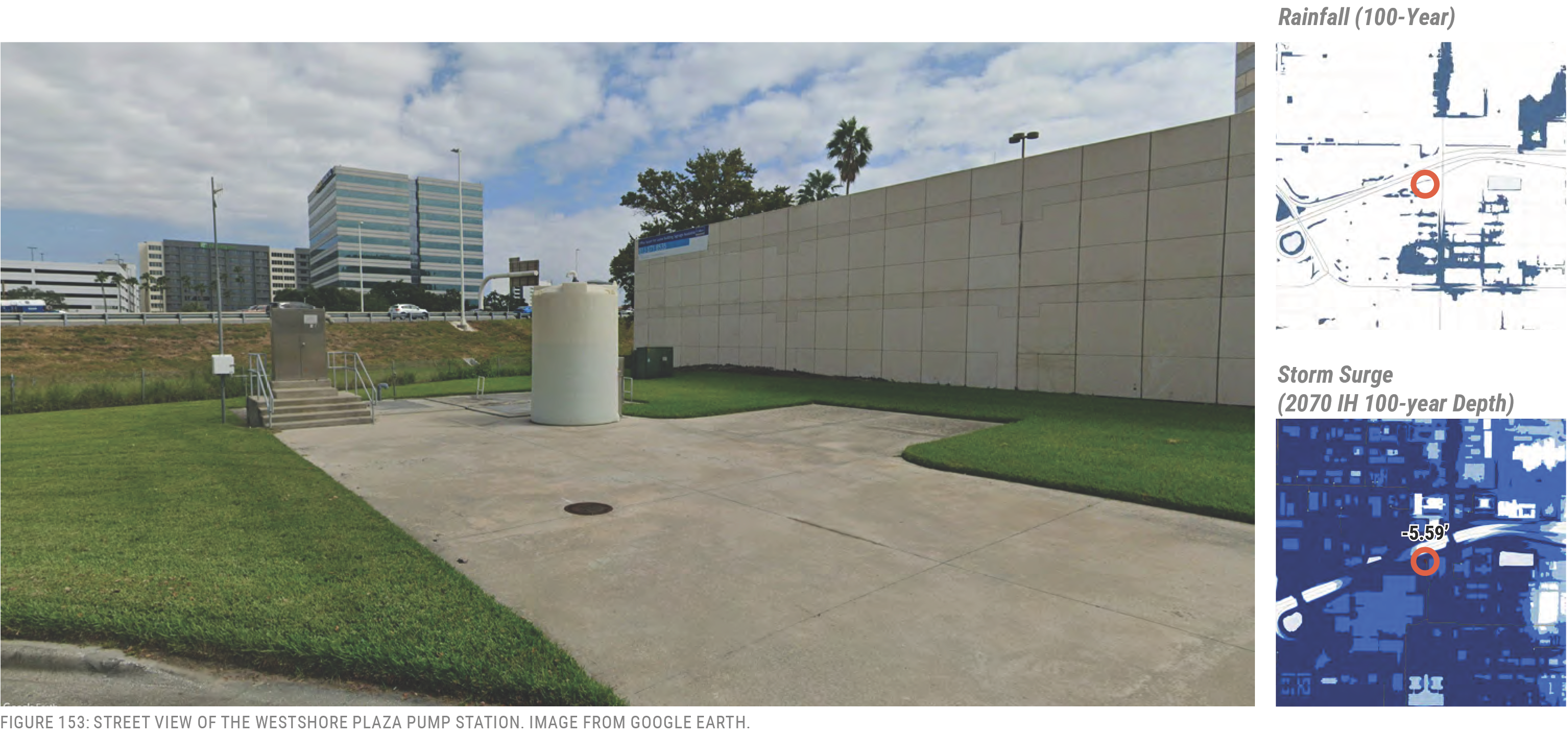 Street view of Westshore Plaza Pump Station with surrounding grass, accompanied by rainfall and storm surge maps.