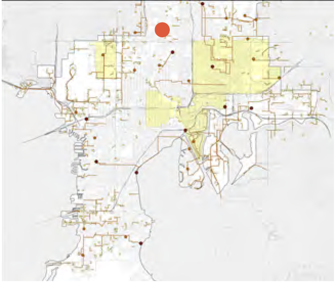 Map highlighting certain areas, with a red dot indicating a specific location in the northern part of the map.