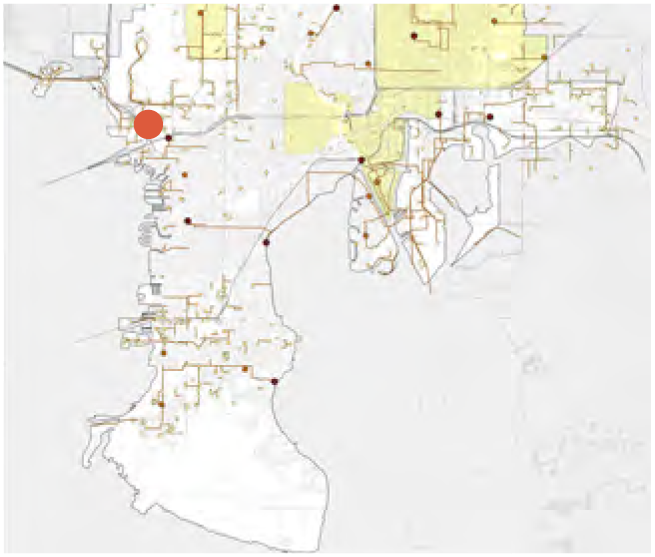 Map showing various lines and points, with a prominent red dot indicating a specific location.