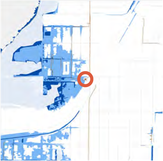 Map fragment showing a highlighted location in orange amidst predominantly blue areas.