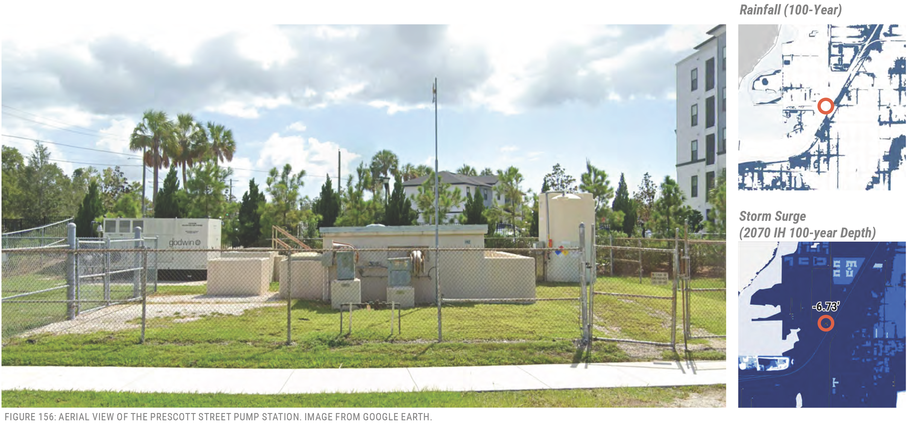 Aerial view of the Prescott Street pump station with surrounding vegetation and fencing, featuring rainfall and storm surge depth maps.