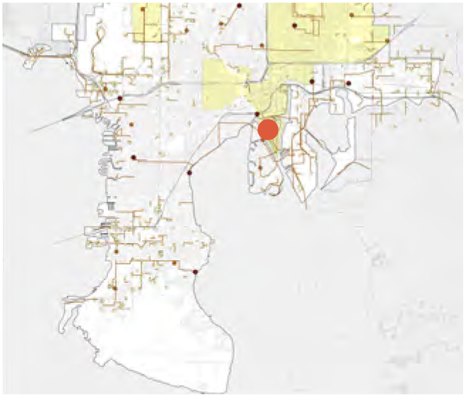 Map showing a network with yellow highlighted areas and a red dot indicating a specific location.