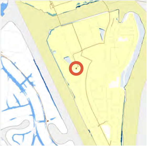 Map showing a highlighted area with a circular mark, indicating a specific location amidst waterways and land features.