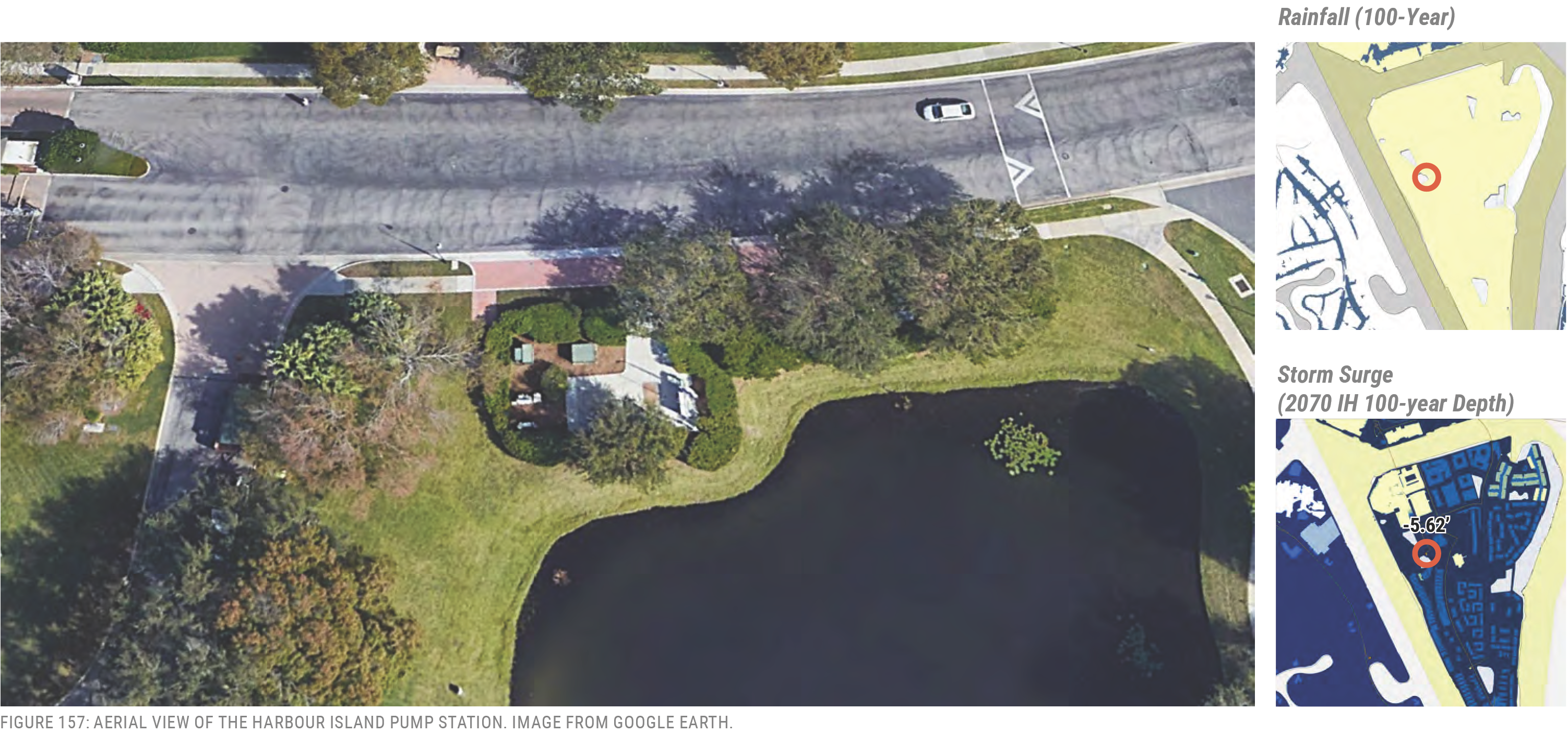 Aerial view of Harbour Island Pump Station, with maps of 100-year rainfall and 10-year storm surge depths in the corners.