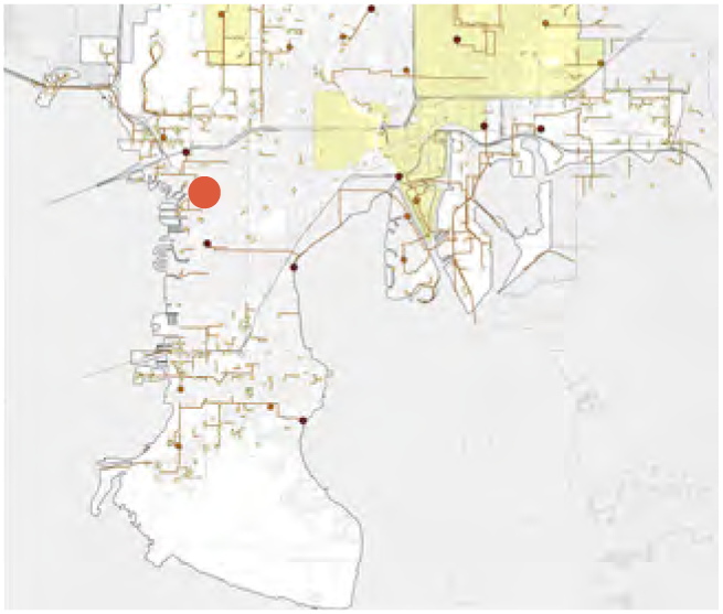 A map highlighting areas with marked points, featuring a prominent orange dot in the eastern section.