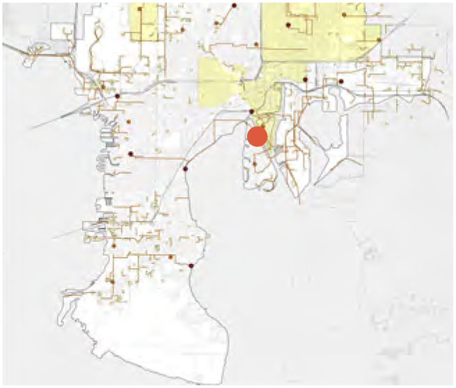 Map highlighting various locations with a red dot marking a specific point in an urban area.