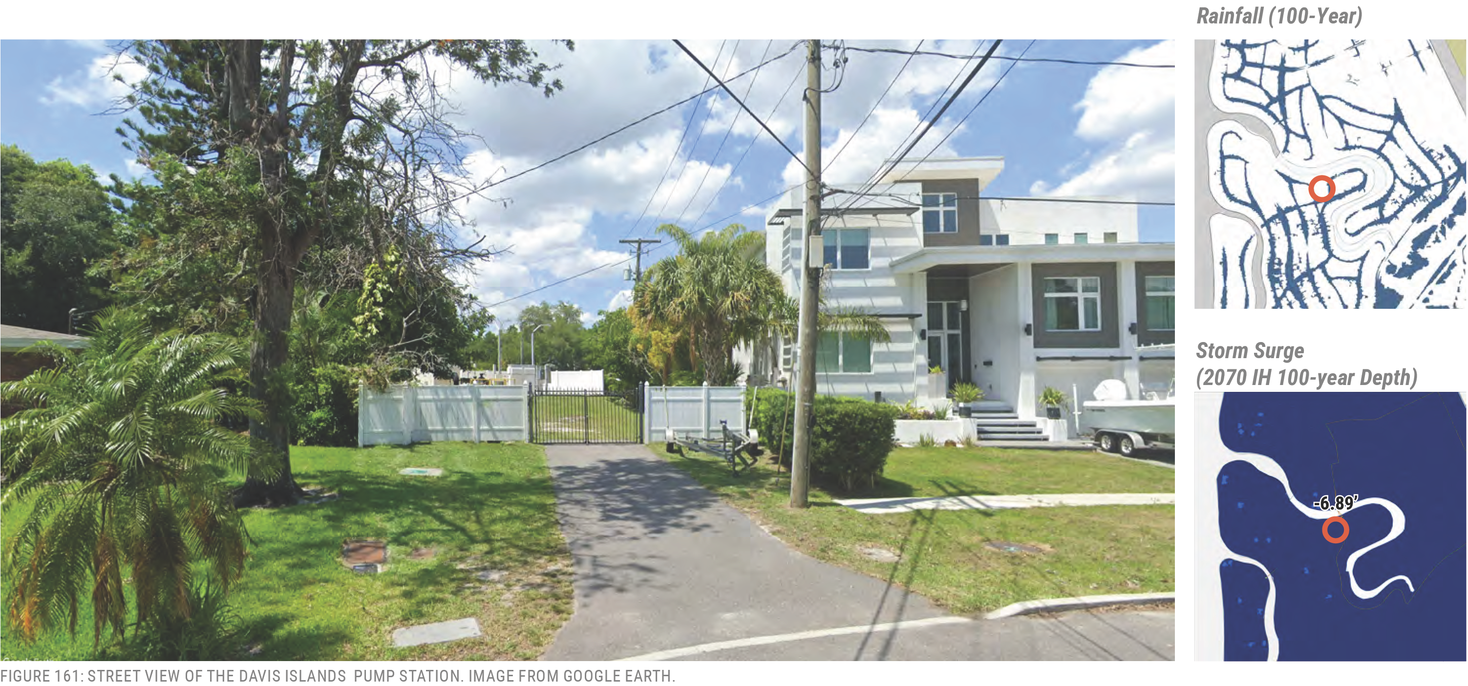 Street view of Davis Islands Pump Station with power lines and palm trees; includes rainfall and storm surge data maps.