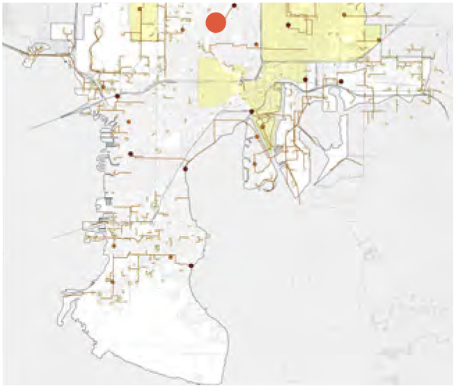 A map showing various lines and points, with a prominent red dot marking a specific location in the northern area.