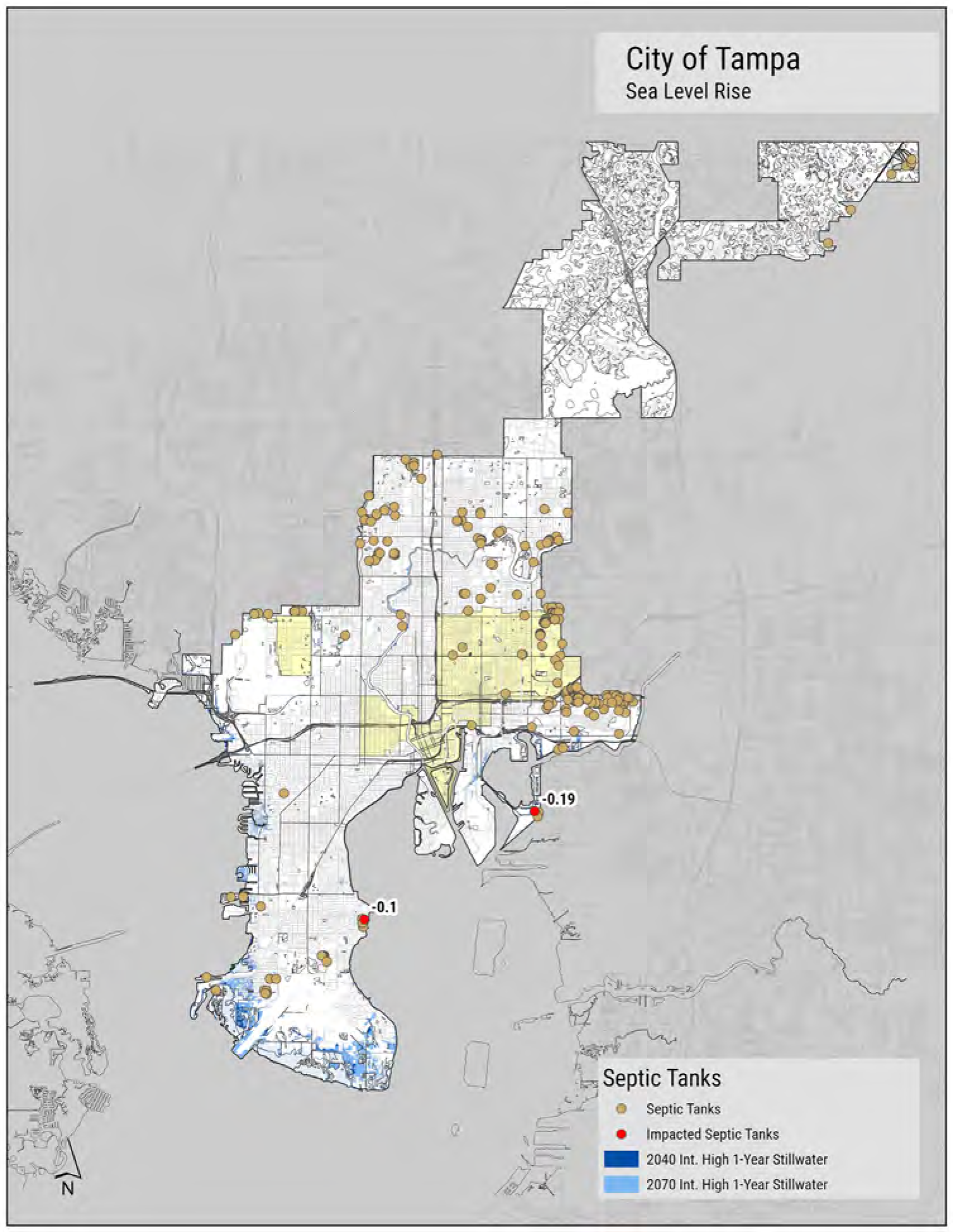 Map of Tampa showing septic tank locations and areas affected by sea level rise in 2020 and projected for 2070.