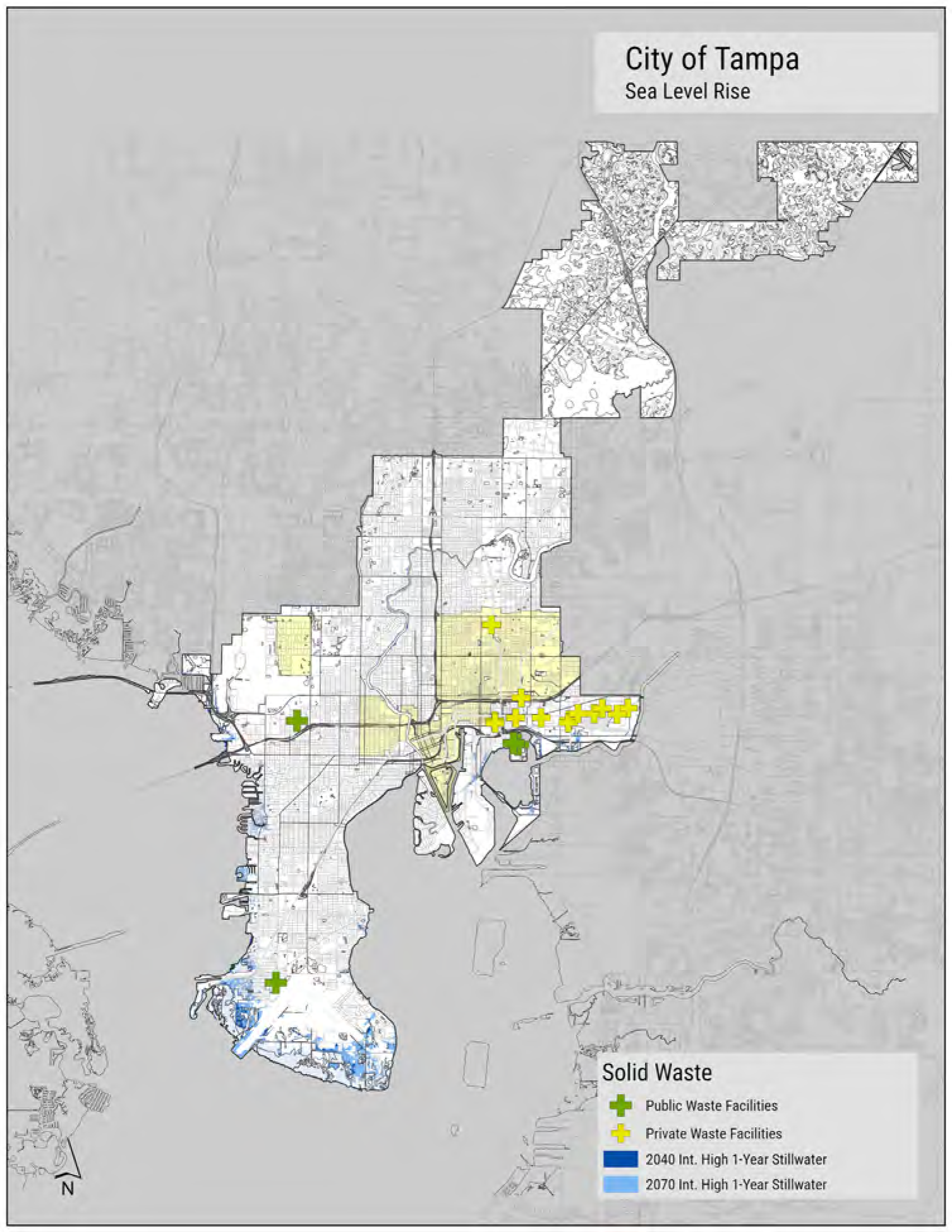 Map of Tampa showing public and private waste facilities, alongside projections for sea level rise in 2040 and 2070.